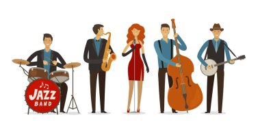 Caz Orkestrası. Blues müzik, müzik festivali kavramı. karikatür vektör