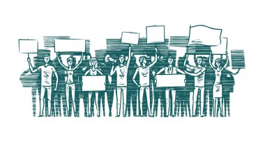 Kalabalık afişlerin üzerinde gösteri grubu. Tezahürü, protesto kavramı. vektör çizim