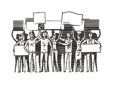 Kalabalık afişlerin üzerinde gösteri grubu. Tezahürü, protesto