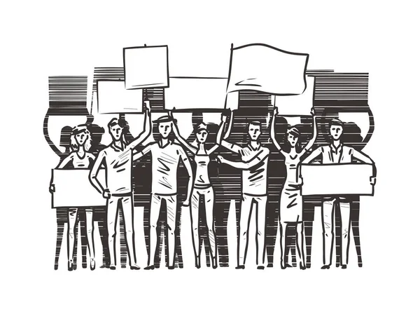 Une Foule Gens Avec Des Pancartes Démonstration Manifestation Protestation — Image vectorielle