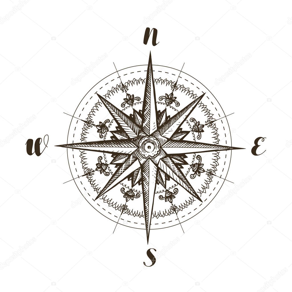 Compass wind rose, vintage. Sketch vector illustration