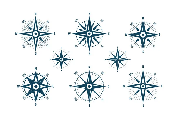 Brújula Rosa Viento Icono Conjunto Símbolo Navegación Marina Ilustración Vectorial — Vector de stock