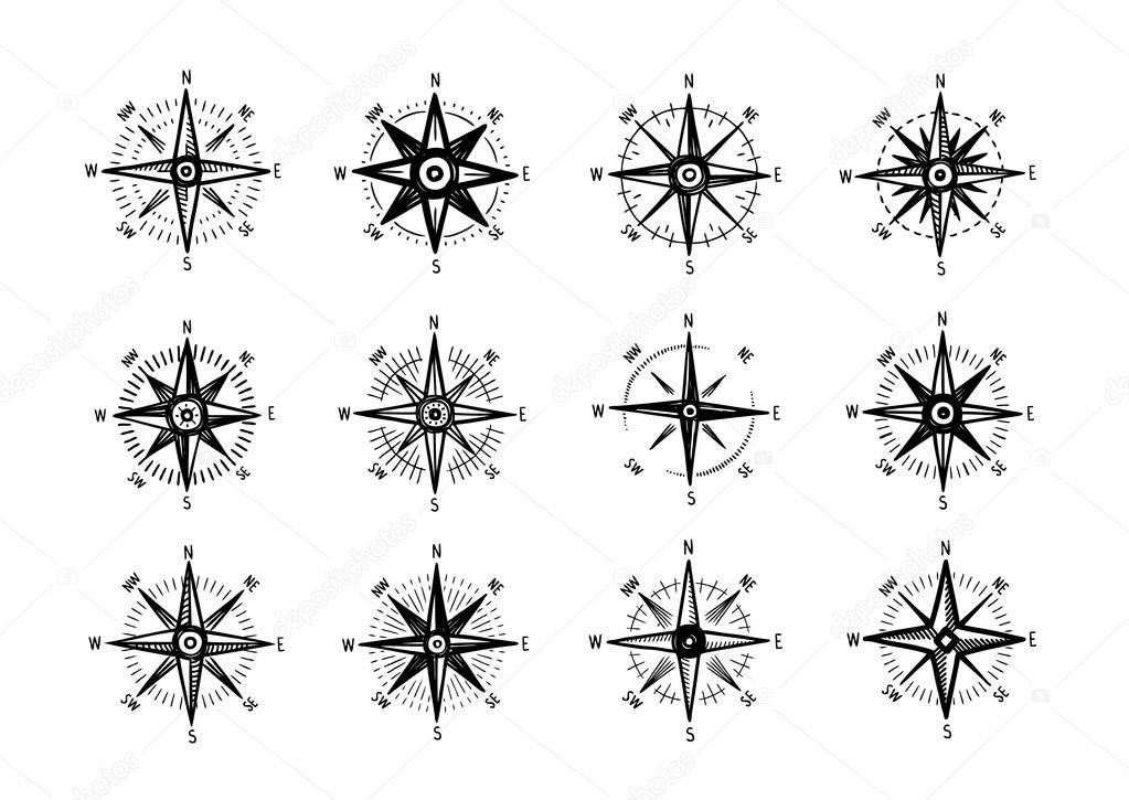 Compass, wind rose icon set. Marine navigation symbol. Sketch vector