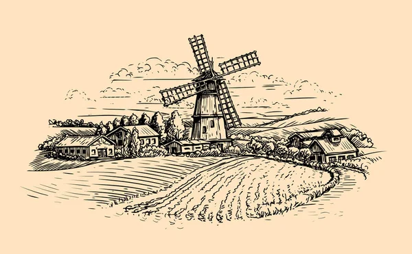 Esboço de paisagem rural. Fazenda, moinho e campo. Ilustração vetorial vintage — Vetor de Stock