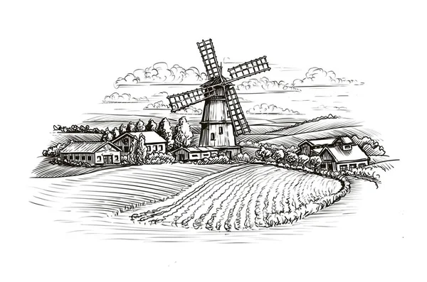 Rural landscape sketch. Farm, windmill and field. Vintage illustration isolated on white background