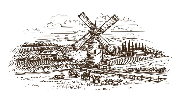 Paysage Rural Croquis Village Illustration Vectorielle Vintage Isolée Sur Fond — Image vectorielle