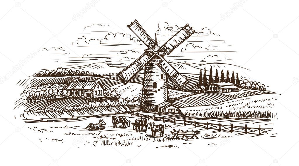 Rural landscape, village sketch. vintage vector illustration isolated on white background