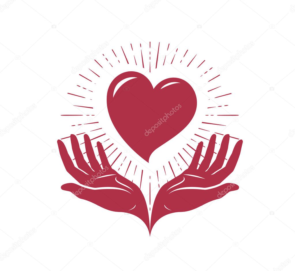 Heart in hands, logo. Love, charity label or symbol. Vector illustration