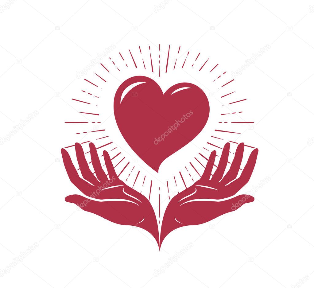 Heart in hands, logo. love, charity label or symbol. vector illustration isolated on white background
