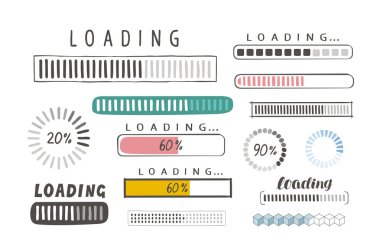 Progress loading bar, set of icons. load symbol. hand-drawn sketch vector isolated on white background clipart
