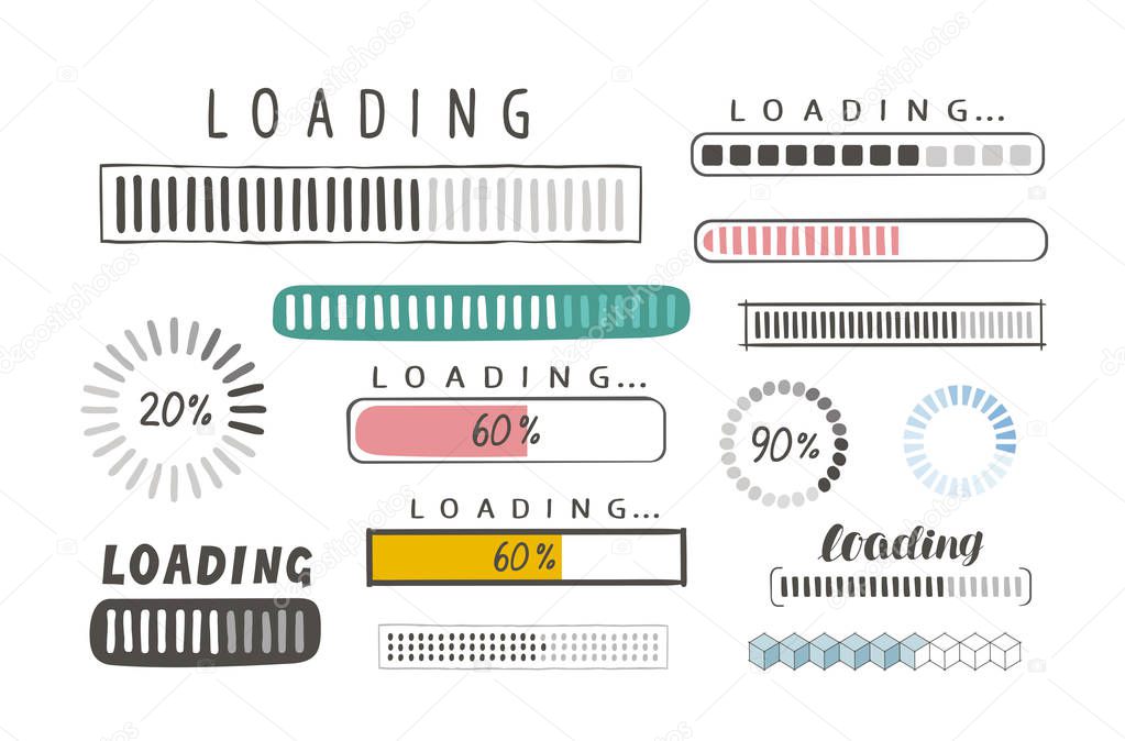 Progress loading bar, set of icons. load symbol. hand-drawn sketch vector isolated on white background