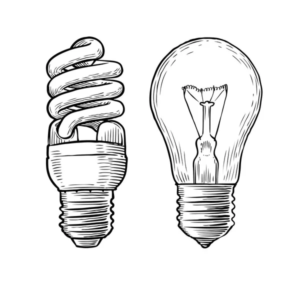 Glödlampa, lampa skiss. El, elektriskt ljus, energikoncept. Hand dras vektor — Stock vektor
