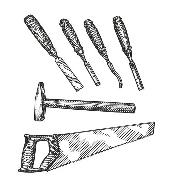 Desenho Ferramentas Carpintaria Carpintaria Conceito Marcenaria Ilustração Vetor Vintage Isolado — Vetor de Stock