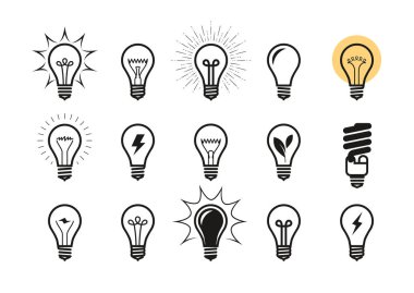 ampul Icon set. ampul, elektrik, enerji sembolü veya etiket. Beyaz arka plan üzerinde izole vektör çizim