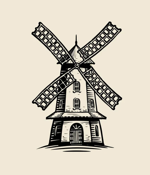 Logo Étiquette Moulin Vent Agriculture Ferme Boulangerie Croquis Vintage — Image vectorielle