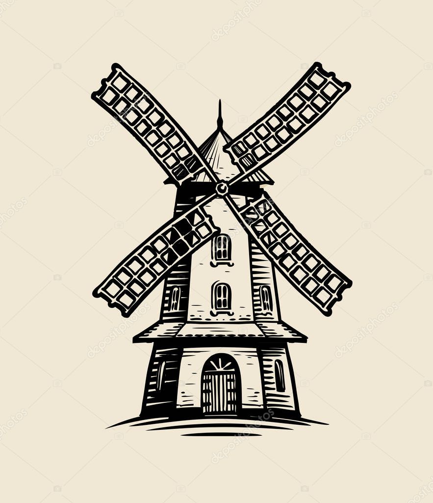 Windmill logo or label. Agriculture, farm, bakery sketch Vintage