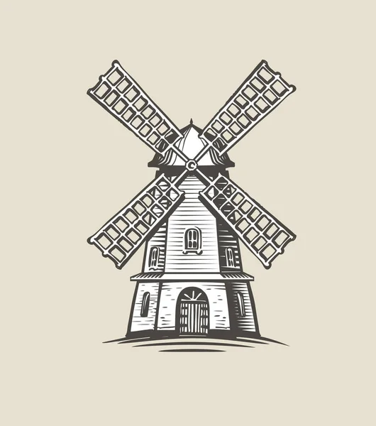 Windmühle Mühlenlogo Oder Etikett Bauernhof Landwirtschaft Symbolskizze Vektor — Stockvektor