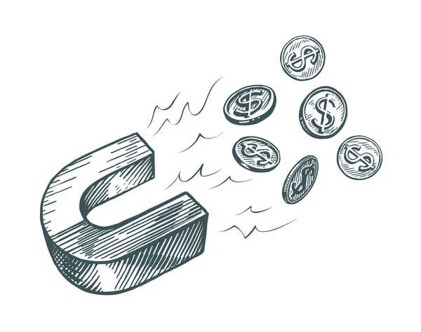磁石では お金を集めています ビジネス ファイナンスの概念 手描きのスケッチ ベクトル — ストックベクタ