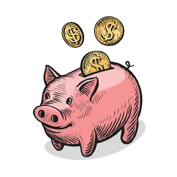 Bancos porquinhos e moedas de ouro. Dinheiro, banco, conceito financeiro. Ilustração vetorial — Vetor de Stock
