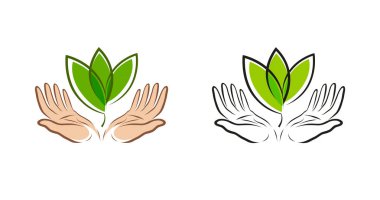 Yaprak ellerini, logo. Doğal, organik etiket doğa simgesi vektör