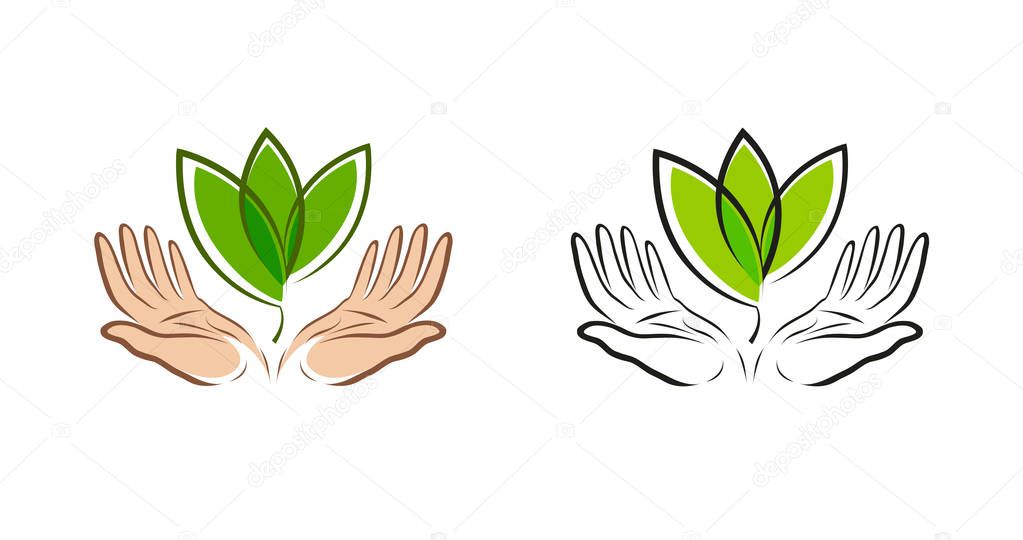 Leaf in hands, logo. Natural, organic label nature symbol Vector