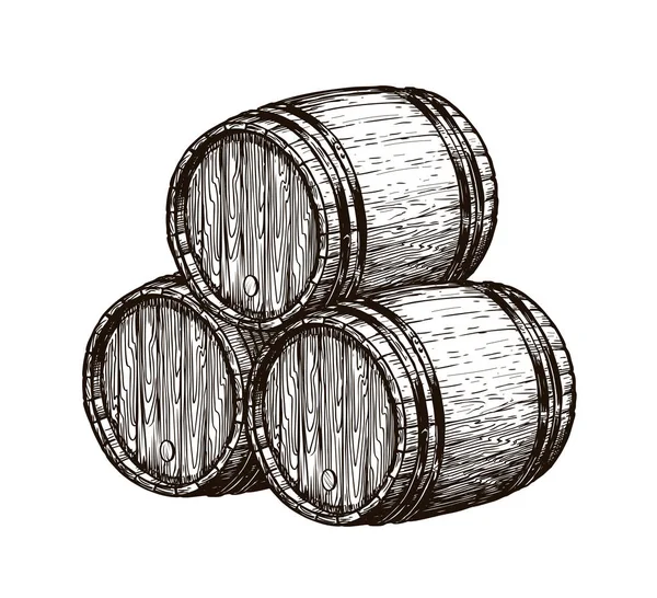 Barricas de vino de madera. Elaboración de vinos, bodega, boceto de bebida alcohólica. Ilustración de vector vintage dibujado a mano — Archivo Imágenes Vectoriales