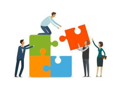Ekip çalışması kavramı. İş adamları ile birlikte çalışan puzzle parçaları. Infographics vektör çizim