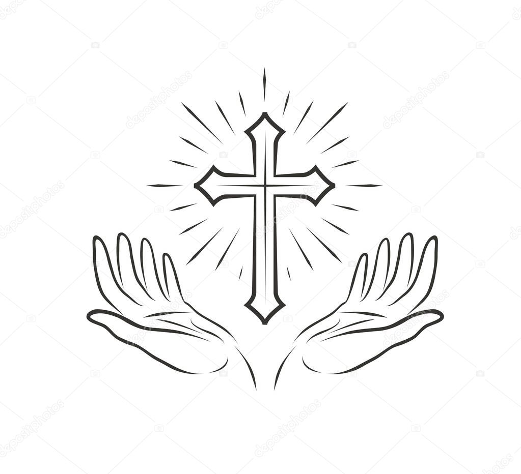 Christian Logo. Religious community symbol, icon. hands and cross vector