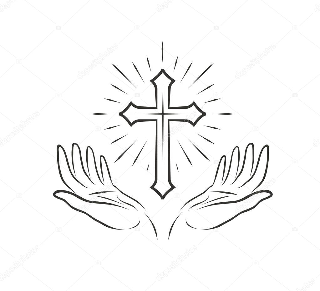Christian Logo. Religious community symbol, icon. hands and cross vector