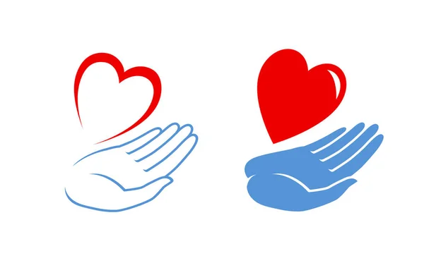 Logo o etiqueta del corazón en la mano. Icono de caridad. Ilustración vectorial — Vector de stock