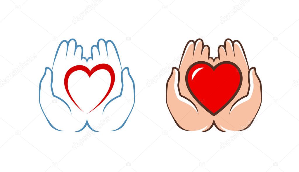 Heart in hand logo or label. Charity icon. Vector illustration