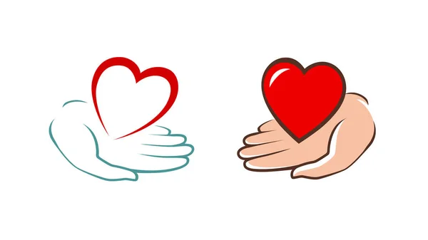Logo corazón en mano. Caridad, asistencia, icono de la donación. Vector — Vector de stock