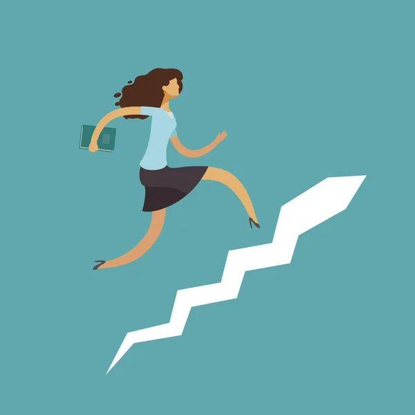Mujer de negocios corriendo por las escaleras. Escalera de carrera, concepto de éxito. Ilustración del vector empresarial — Vector de stock