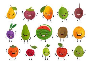 Komik meyve kümesi. Taze gıda kavramı. Çizgi film vektör çizim