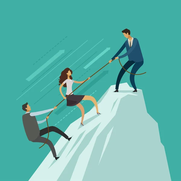 Geschäftsleute helfen sich gegenseitig auf den Gipfel des Berges. Teamwork. Klettern, Infografik Vektor Illustration — Stockvektor