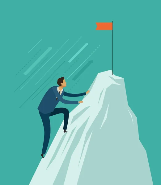 Businessman climb to the top of the mountain. Achieving goal, business concept. Vector illustration — Stock Vector