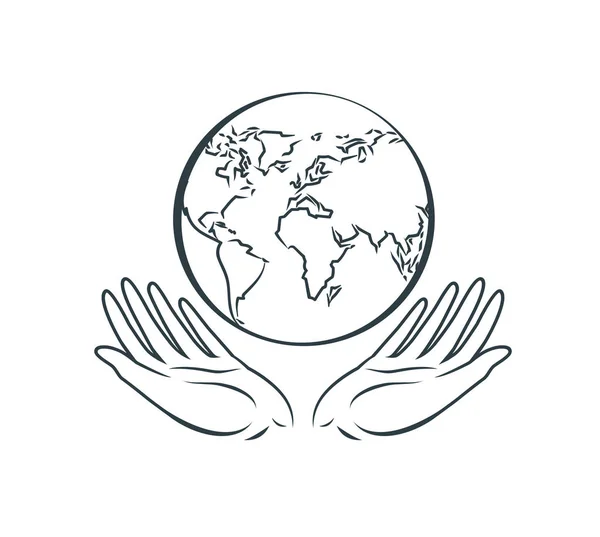 Globe dans les mains, logo. Jour de la Terre, protection de la nature, icône ou symbole du monde. Illustration vectorielle — Image vectorielle