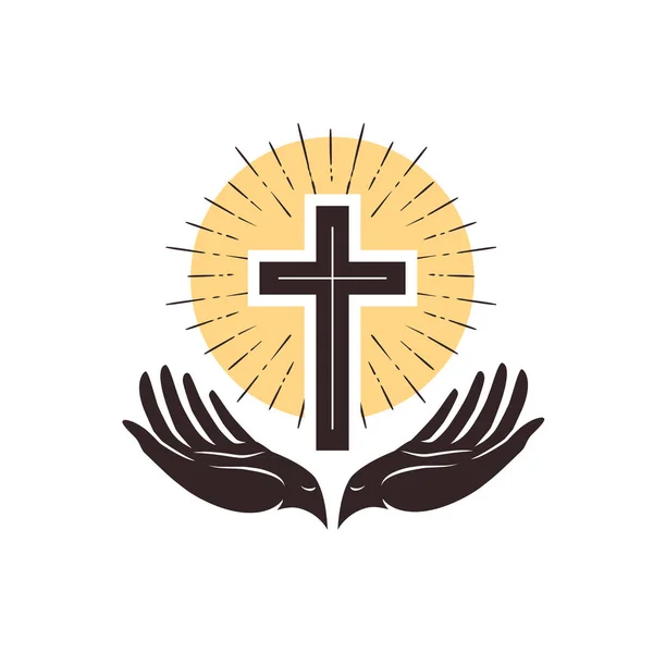 Logo de la iglesia. Cruz y manos, símbolo cristiano. Ilustración vectorial — Vector de stock