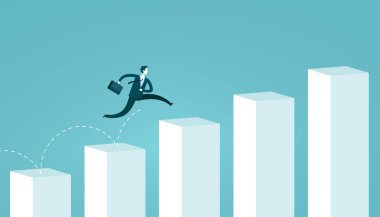 Grafik sütunlarda atlama iş adamı. Başarılı iş kavramı. Infographics vektör çizim