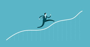 Büyüyen bir grafiği yukarı çalıştıran iş adamı. Başarı, iş kavramı. Infographics vektör