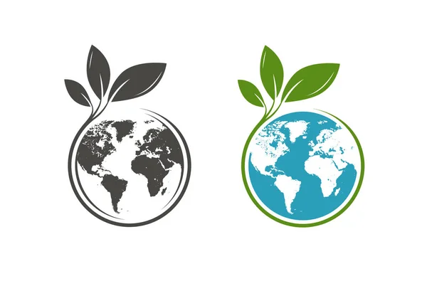 Groene blaadjes en globe logo. Eco, natuurlijk, organisch pictogram of symbool. Vector — Stockvector