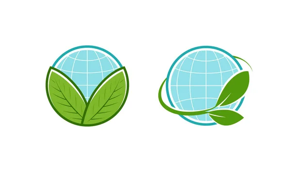 Foglie verdi e logo globo. Eco, naturale, icona organica o simbolo. Illustrazione vettoriale — Vettoriale Stock