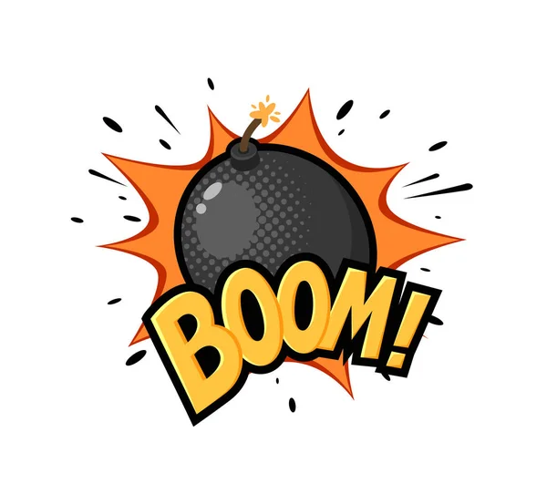 Ronde zwarte bom met branden fuse, getekend in retro pop-art stijl. Cartoon komische vectorillustratie — Stockvector