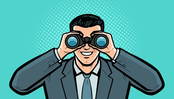 El hombre de negocios mira al objetivo a través de prismáticos. Ilustración del vector empresarial — Archivo Imágenes Vectoriales