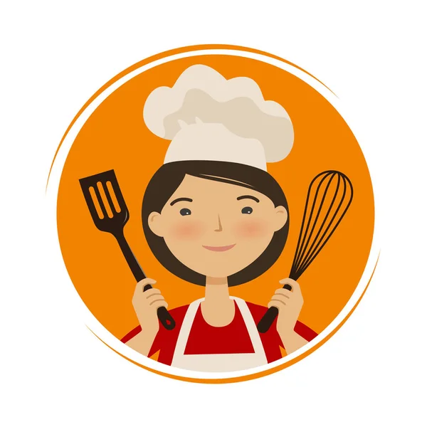 Cocina, logotipo de la cocina. Linda chica con sombrero de chef. Dibujos animados vector ilustración — Archivo Imágenes Vectoriales
