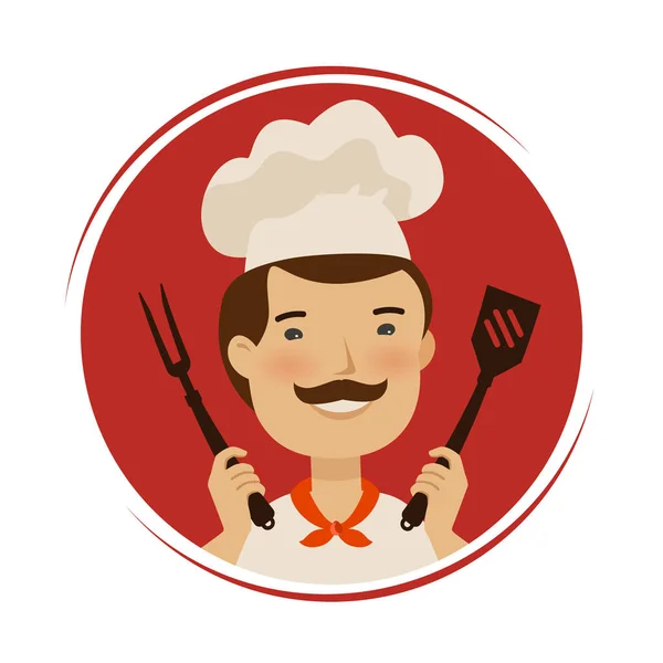 Logo o etiqueta del restaurante. Feliz chef sosteniendo herramientas de barbacoa. Dibujos animados vector ilustración — Archivo Imágenes Vectoriales