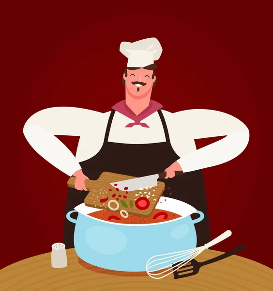 Chef preparando comida en la cocina. Ilustración vectorial dibujada a mano — Vector de stock