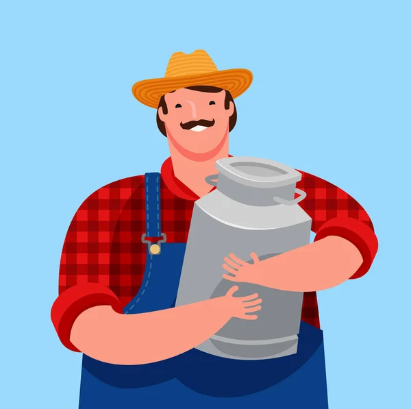 Happy farmer holding a big milk can. Dairy farm, cartoon vector illustration — Stock Vector