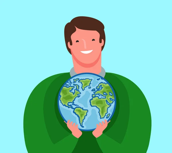 De mens houdt de planeet aarde zorgvuldig. Ecologie, milieu, reis concept. Cartoon vector illustratie — Stockvector