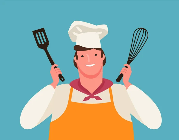 Chef felice con attrezzi da cucina in mano. Cucina, illustrazione vettoriale — Vettoriale Stock
